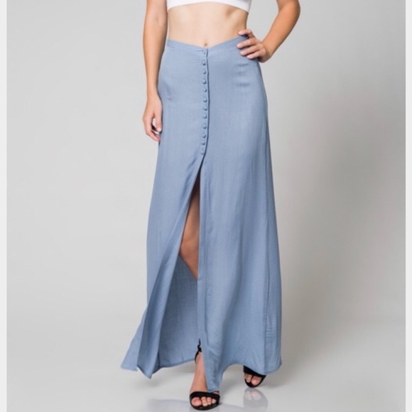 Cute buttons slit light flowing Blue Maxi Skirt - Picture 2 of 6